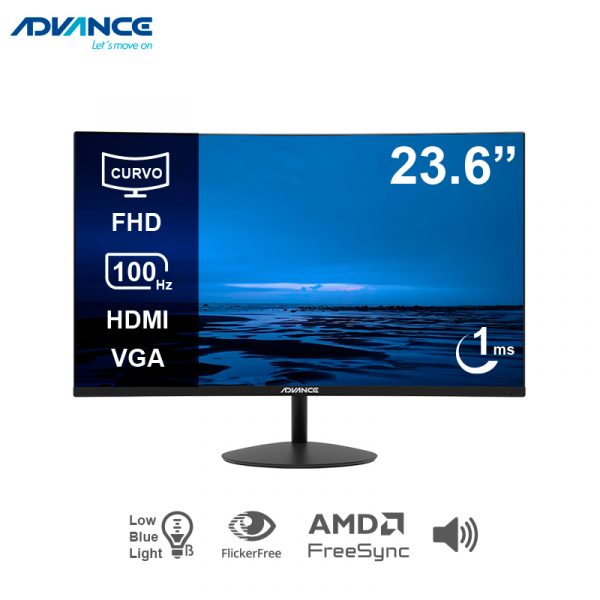 Monitor Curvo Advance ADV-2452S, 23.6" FHD VA, 100 Hz, 1 ms, HDMI, DP, Parlantes, Negro