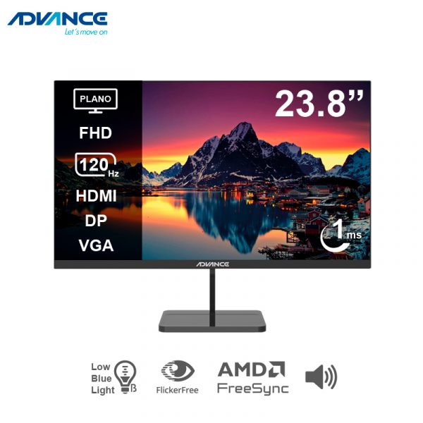 Monitor Plano Advance ADV-2453S, 23.8" FHD IPS, 120 Hz, 1 ms, HDMI, DP, VGA, Parlantes, Negro