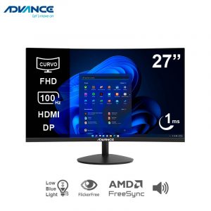 Monitor Curvo Advance ADV-2751S, 27" FHD VA, 100 Hz, 1 ms, HDMI, DP, Parlantes, Negro