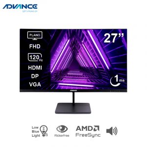 Monitor Plano Advance ADV-2754S, 227" FHD IPS, 120 Hz, 1 ms, HDMI, DP, VGA, Parlantes, Negro